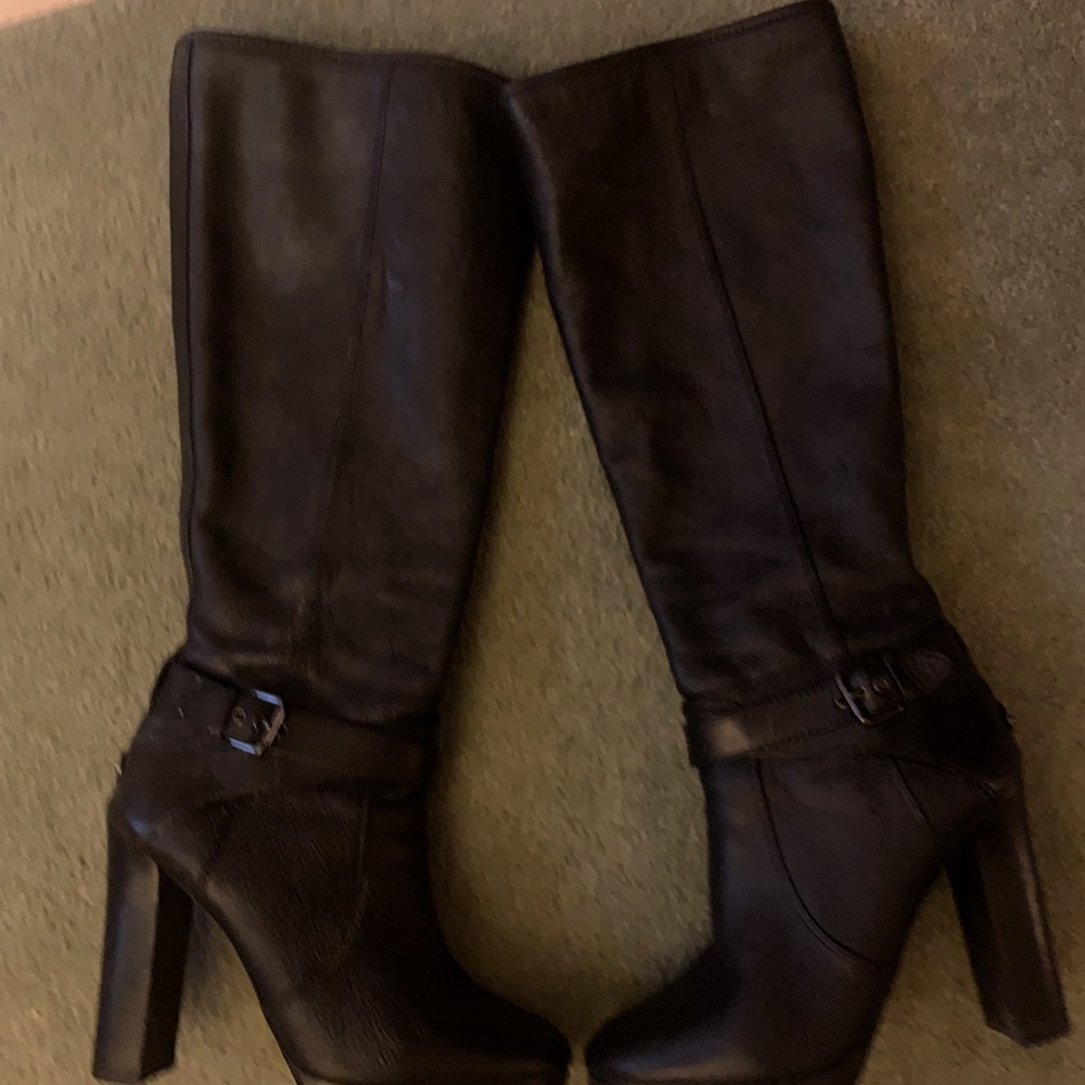 Coach knee-high black leather stacked heel boots!